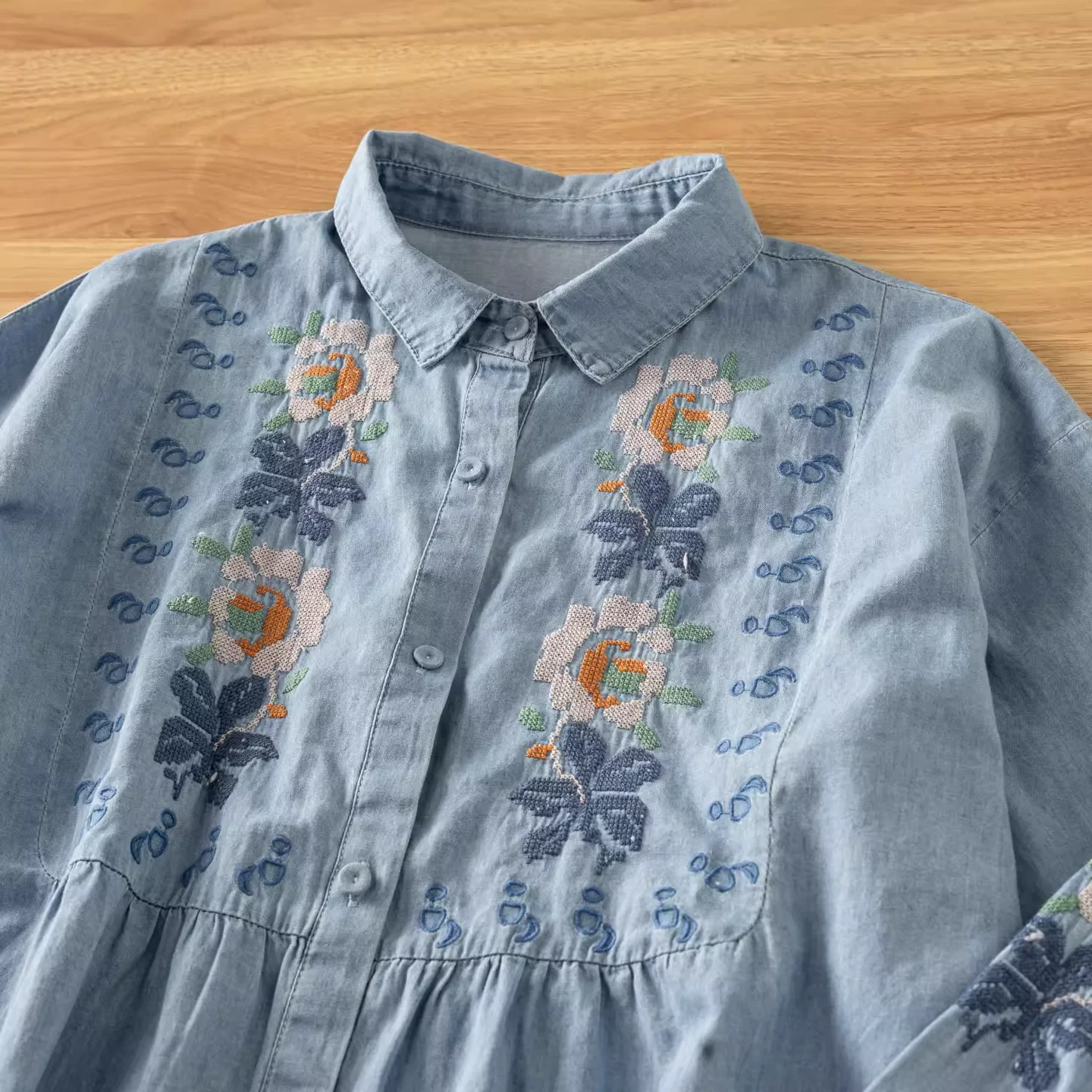 

Bohemian denim shirt women vintage 90s floral embroidery jeans shirt blouse long sleeve tops autumn women's clothing