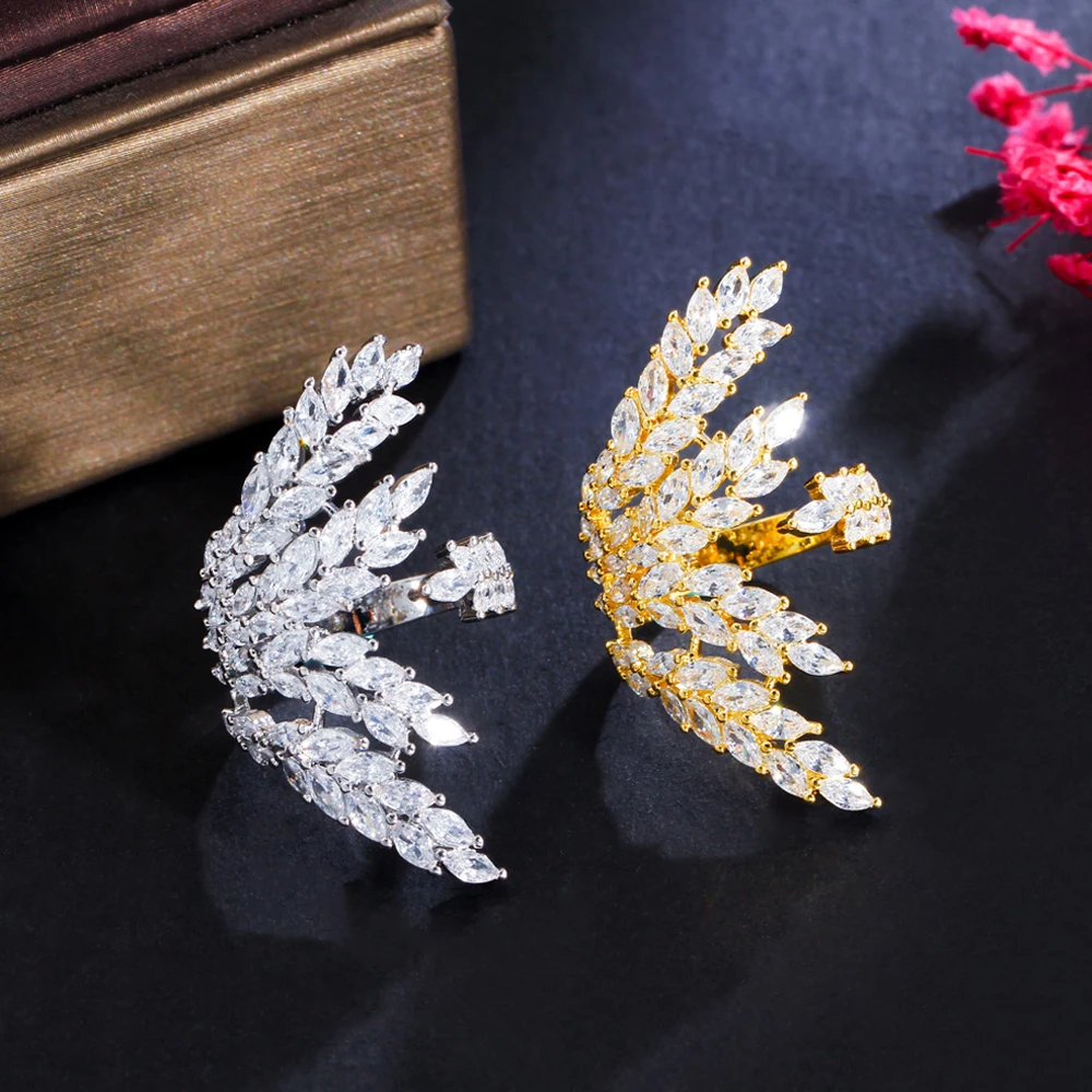BeaQueen Luxury White Gold Color Cubic Zirconia Irregular Leaf Big Open Adjustable Rings for Women Wedding Party Jewelry R125