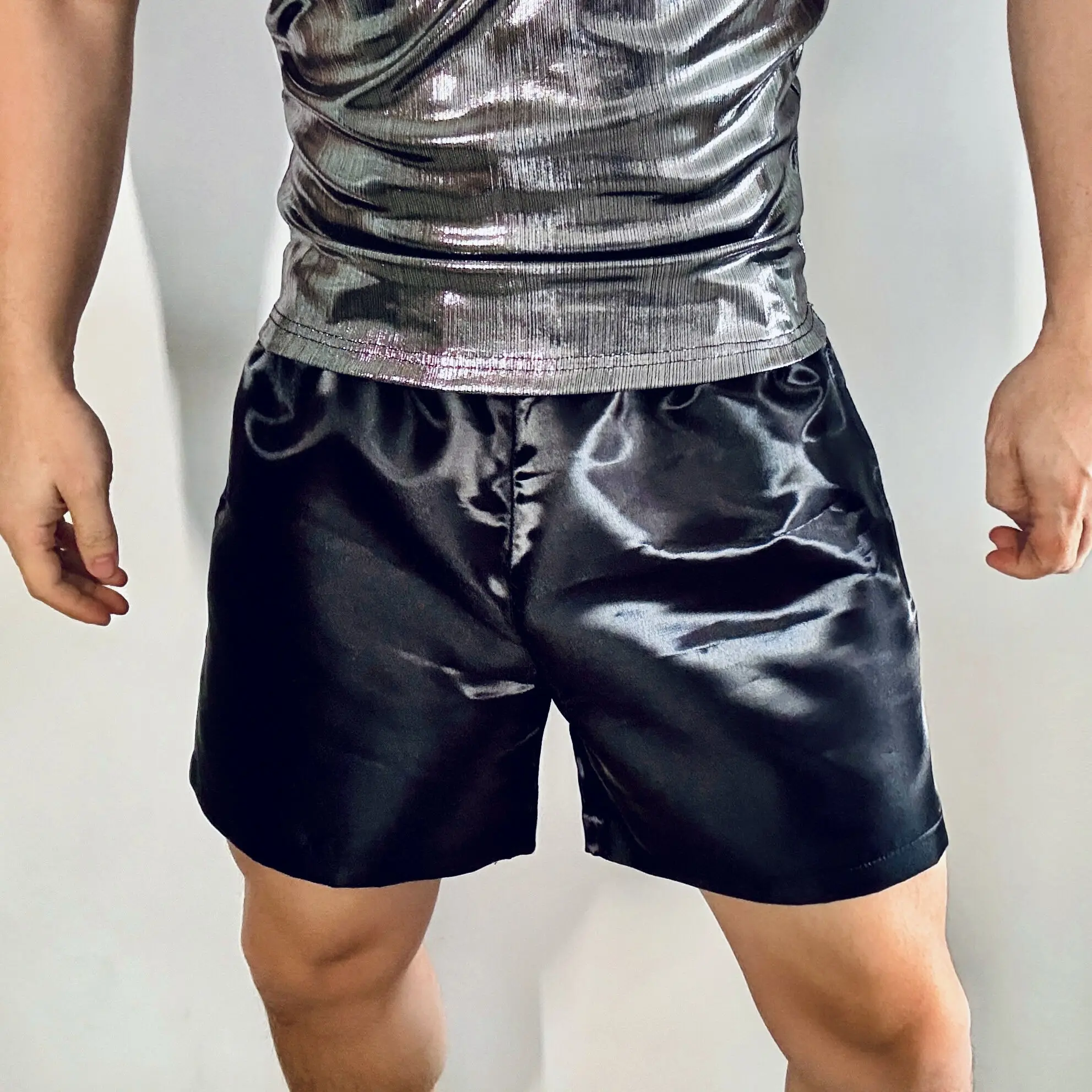 Metal Glossy Pockets Men's Shorts Outdoor Fitness Male Plus Size Casual Party Club Bottoms Streetwear