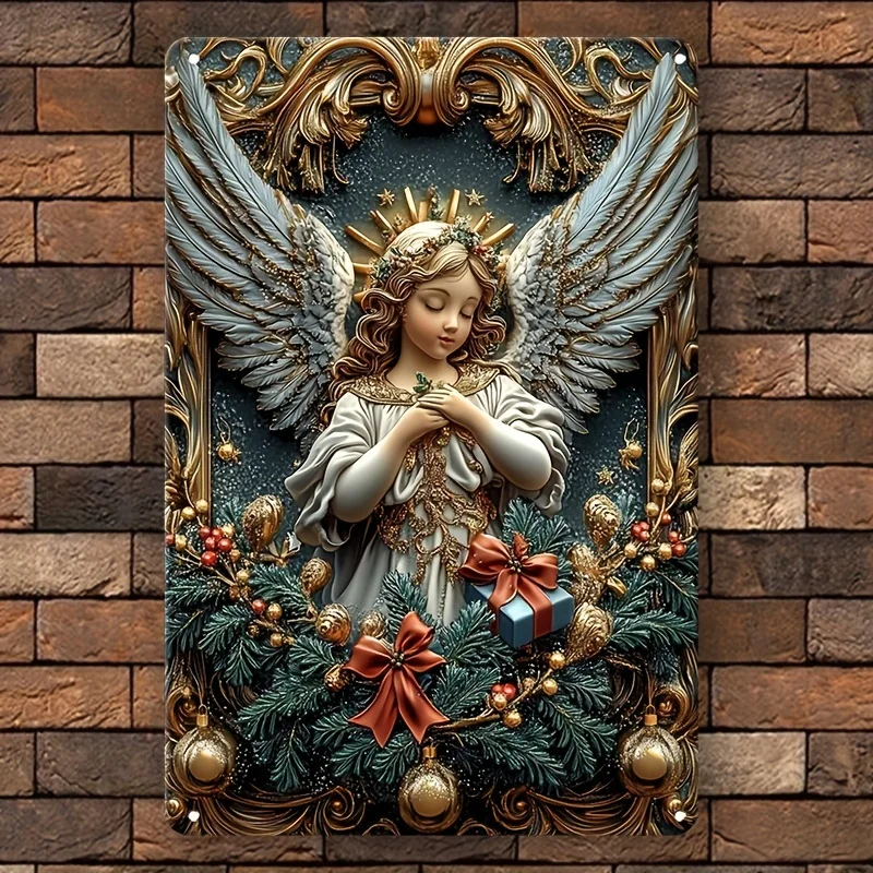 

1pc Vintage Style Aluminum Metal Sign Wall Hanging, 2D Cute Angel with Gifts, Versatile Decorative Plaque for Living Room, Home