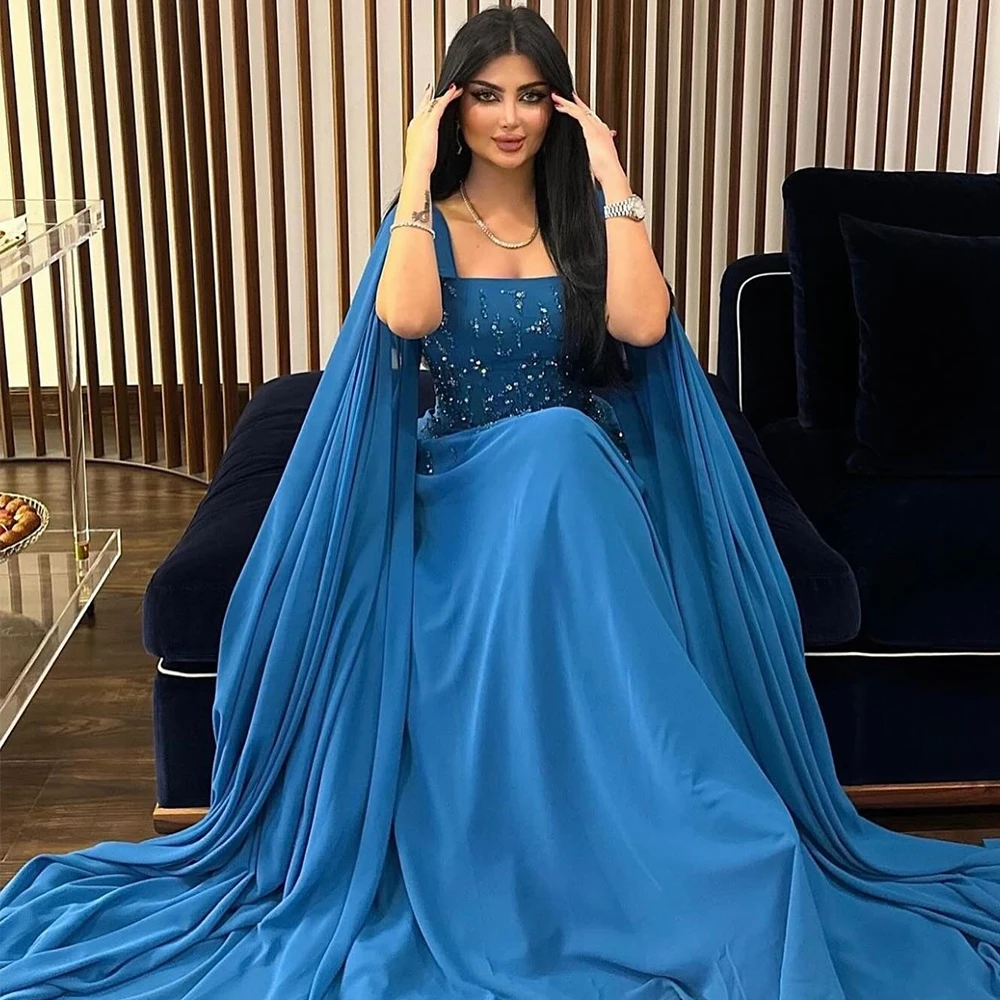 Blue Chiffon Beading Crystal Evening Dress Saudi Arabia A-Line Square Collar Prom Gowns with Wattuae Train Wedding Party Gowns