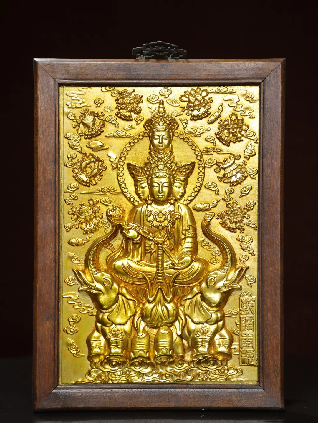 

16"Tibetan Temple Collection Old Rosewood Gilded Four Buddha Head Namgyalma Guanyin Buddha Thangka Wall hanging Worship Hall