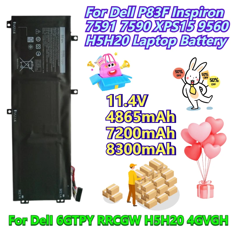 

11.4V 4865mAh/7200mAh/8300mAh 6GTPY RRCGW for Dell P83F Inspiron 7591 7590 XPS15 9560 H5H20 Laptop Battery