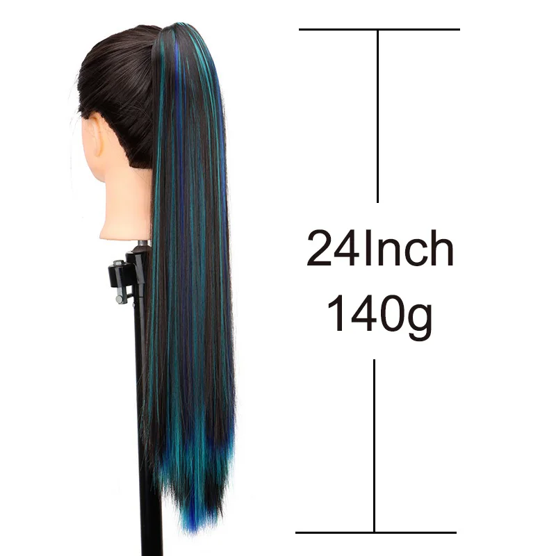 Extensión de cabello de 24 pulgadas sintética larga lacia con colores de mechas, clip de cangrejo, postizo para mujer en azul y rojo 2