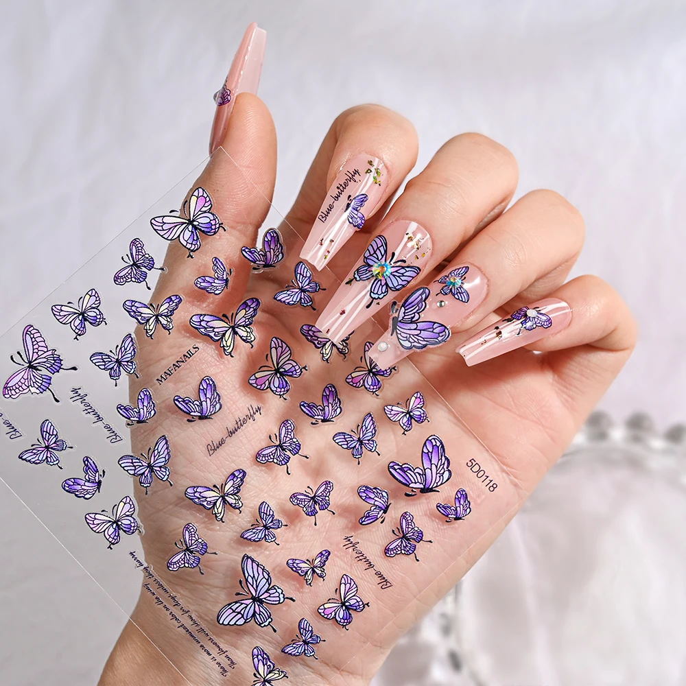 1PCS Purple Butterfly Laser Nail Art Stickers Y2K Acrylic Engraved Butterfly Adhesive Decals 5D Relief Manicure Sliders Wraps