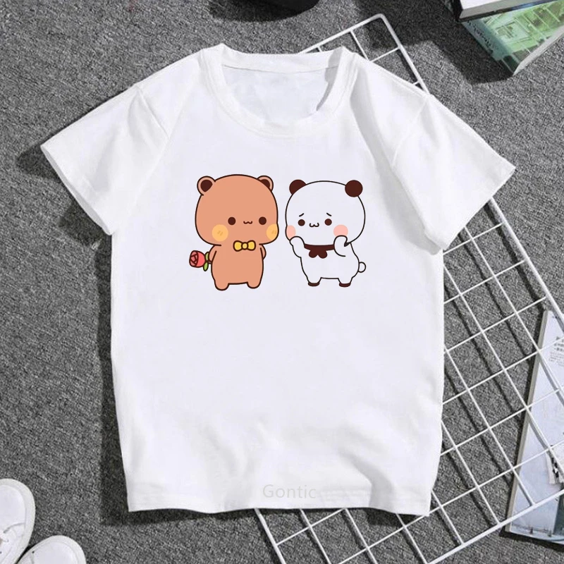 

Cute Cartoon Panda And Brownie Bear Print Peach And Goma Mochi Cat Couple Baby Kids Boys Girls Clothes Lovely T Shirt Gift