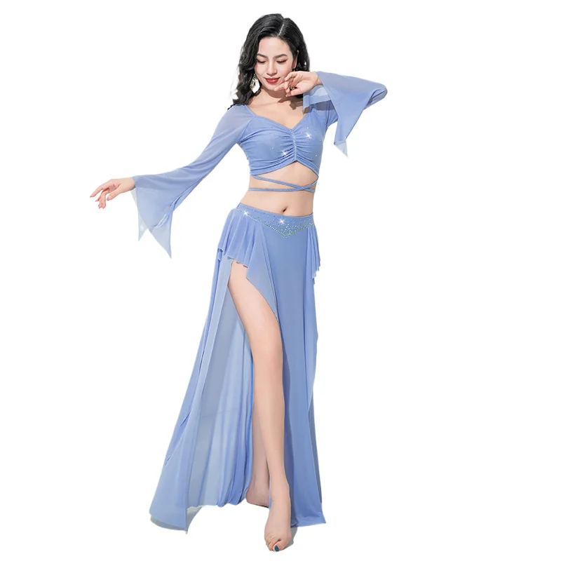 Chifre manga longa vestido de dança oriental brilho strass brilho saia sexy lado split carnaval fantasia feminino trajes adultos