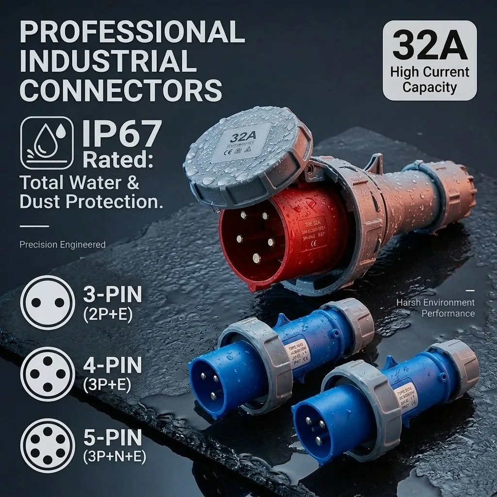 32A IP67 Industrial Plug Socket Set, 3/4/5 Pin 220V-380V-415V,Male&Female with Heavy Duty Copper Contacts,Surface or Flush Mount