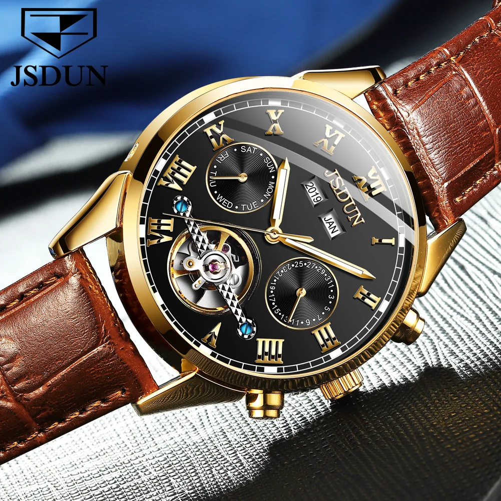 JSDUN 8908 メンズ腕時計 レザーストラップ オリジナル ビジネス 多機能 機械式ベルトウォッチ ﻿   男性へのギフトに最適な防水時計