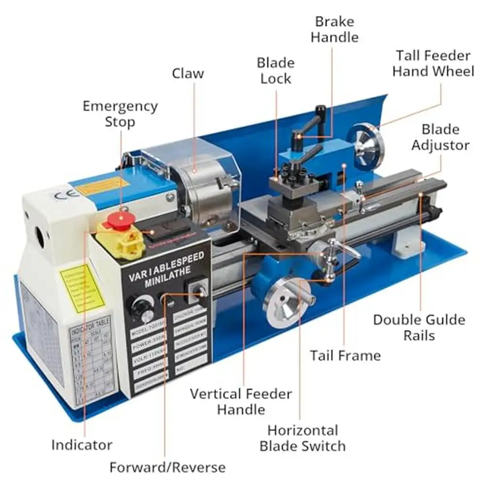 เครื่องกลึงโลหะ 7 "x 14" Benchtop 550W ความเร็วตัวแปร CNC 3-Jaw Chuck กล่องเครื่องมือจอแสดงผล LED ป้องกันความปลอดภัย