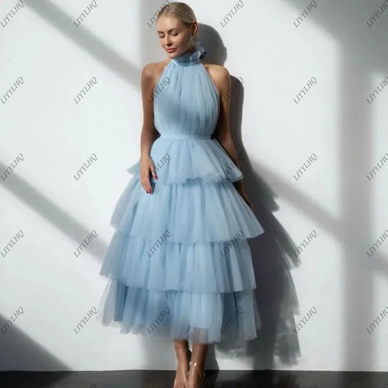 LIYYLHQ Baby Blue Prom Dress Halter Sleeveless Dreaped Organza Tiered Tea-Length Special Event Women A-Line Cocktail Party Gown