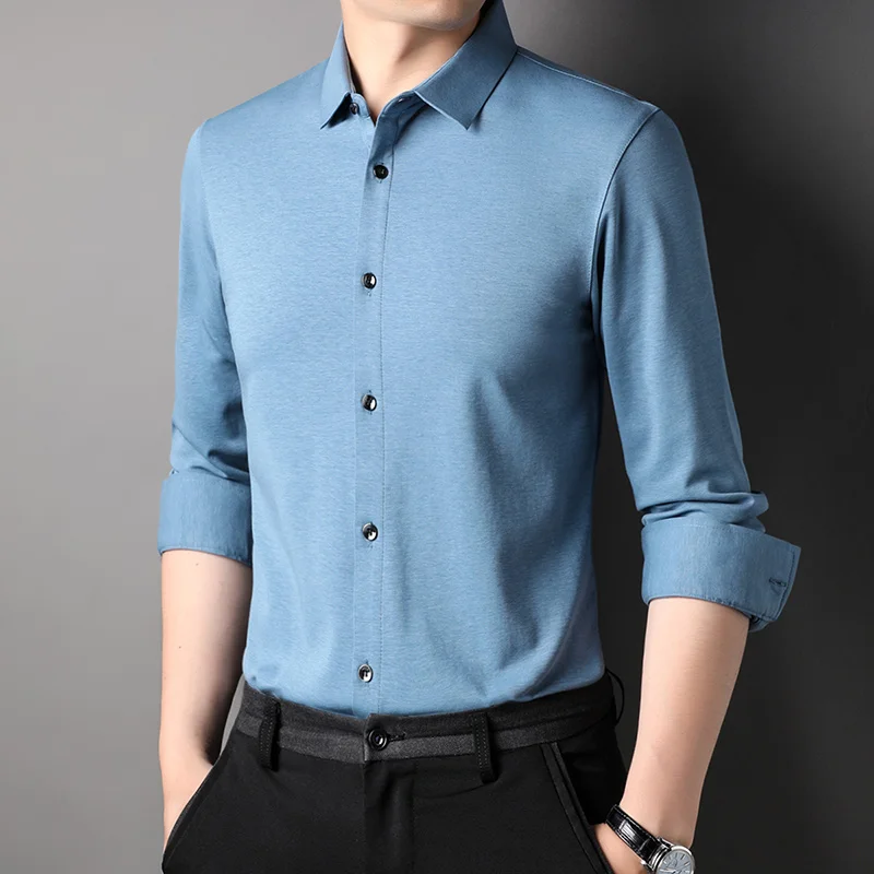 Top Grade Mulberry Silk 5.2% New Slim Fit Fashion Designer Brand Luxury Men Shirts 2023 Long Sleeve Plain Casual  Mens Clothes