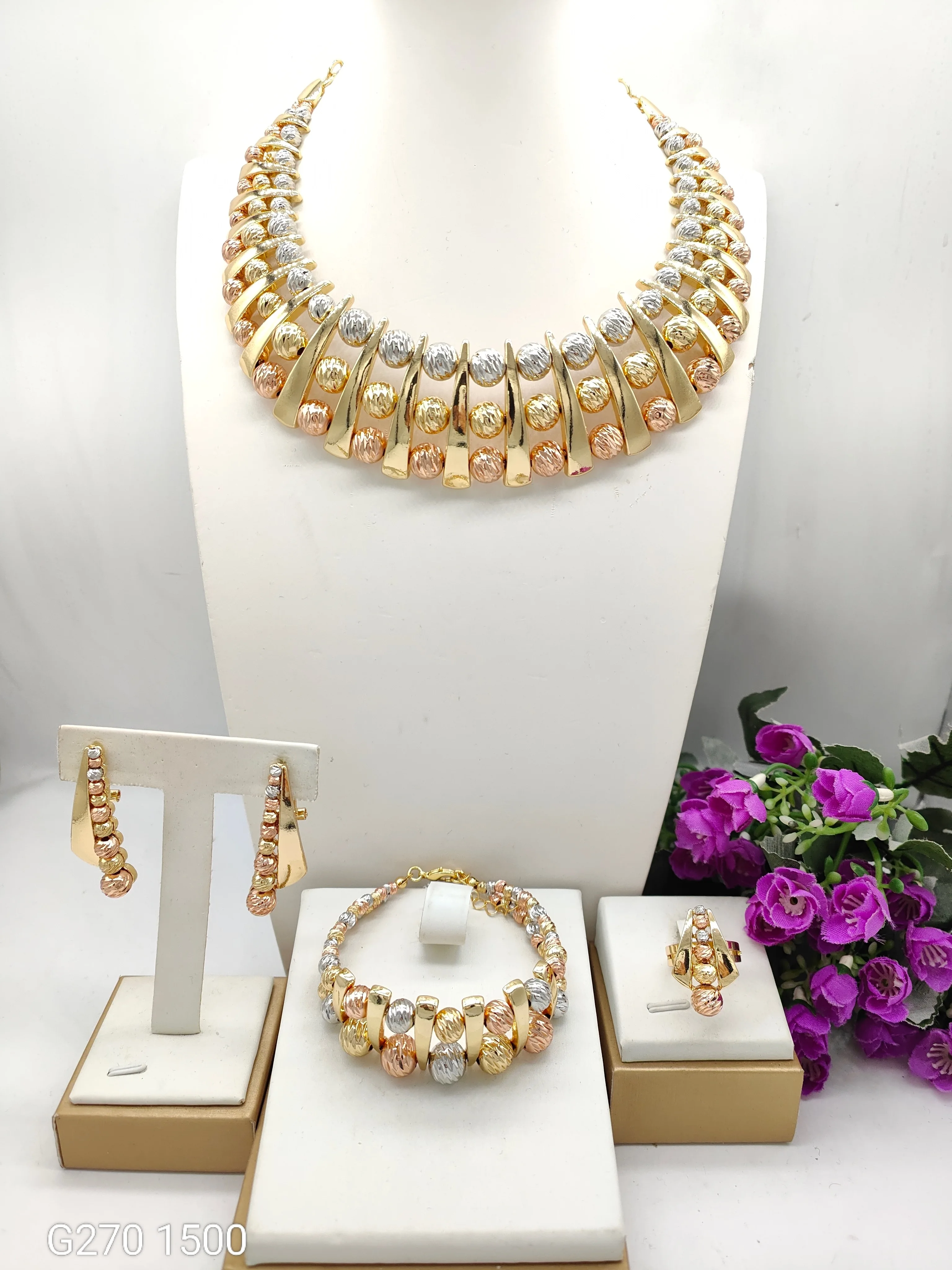 Luxury Textured Three Tone Beads Shape Jewelry Set Gold Plated Necklace Bracelet Earrings Ring 4PC Jewellery for Wedding Party