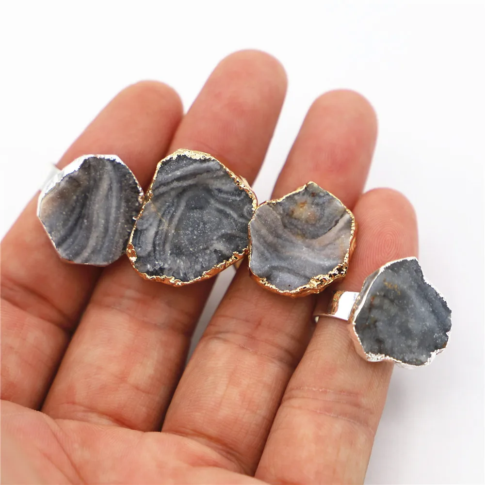 Natural Stone Agate Druzy Milky Way Ring Slice Handmade Electroplated Silver Goldtone Plated Free Form From Brazil Natural Style