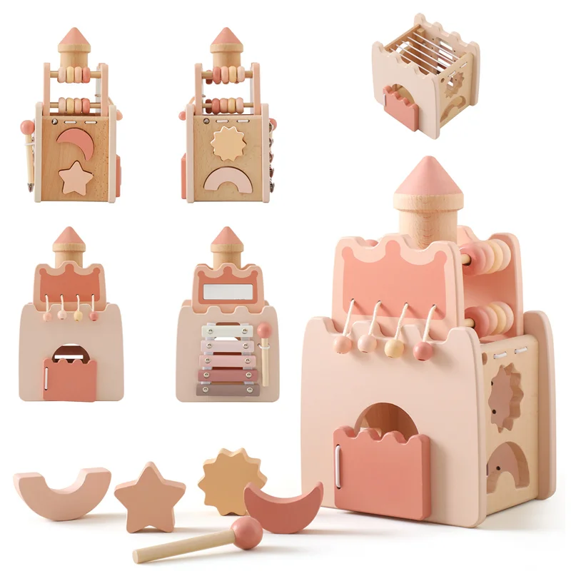 Baby Wooden Montessorri Toys Wooden Castle Rocket Five-in-one Multifunctional Toys Coffee Machine Ice Cream Toy Educational Toys