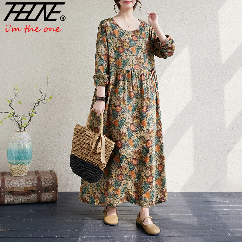 

Women's Plus Size Bohemian Style Maxi Long Dress for Women Floral Cotton Beach Round Neck Indian Clothing Vestido Robe Female