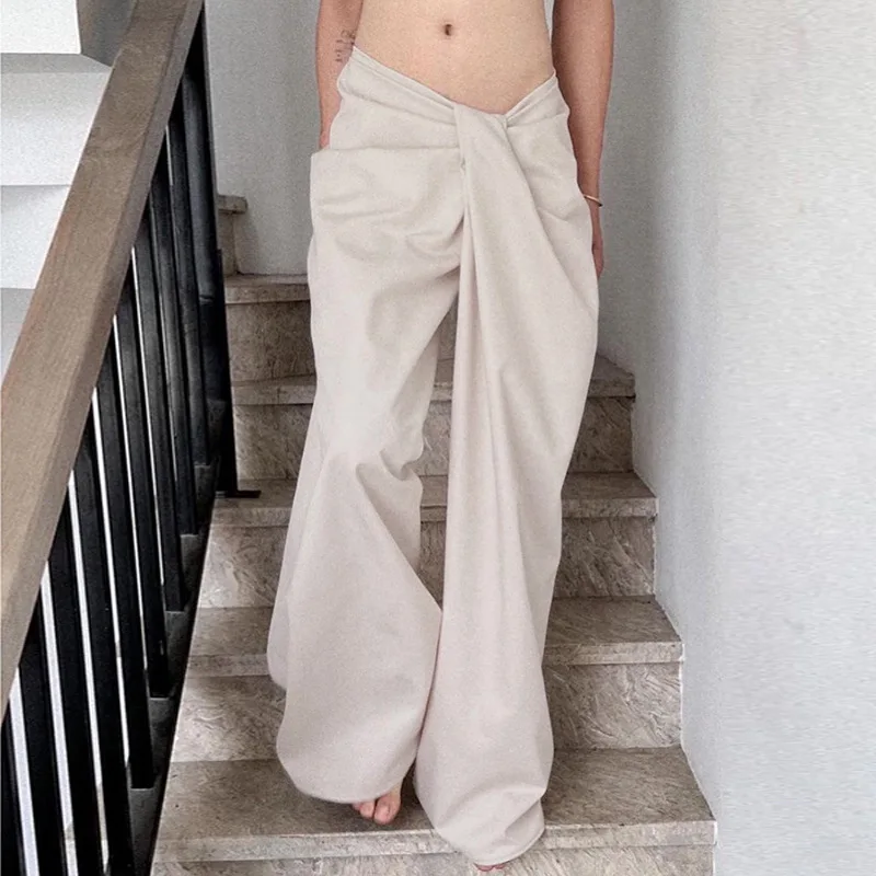 Women's Low-Rise Wide-Leg Trousers Asymmetric Knot Detail Pleated Pants Minimalist Drapery Woven Paperbag Waist Pants