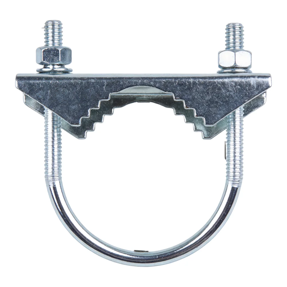 Heavy duty antenna mast clamp with U bolt for secure mounting of WiFi cellular TV antennas and flagpoles on round poles