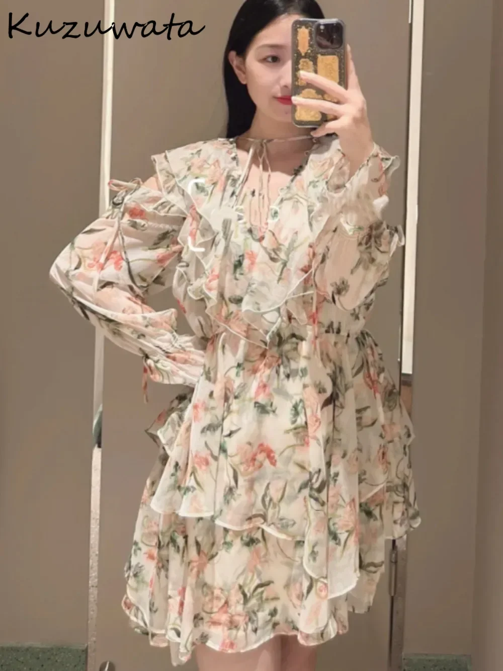 Kuzuwata Exquisite V Neck New Flare Print Dress Ruffles Off Shoulder Sweet Unique Mujer Japan Age Reduction Lace Up Chiffon Robe