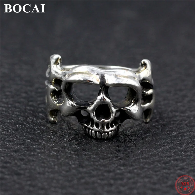 

BOCAI S925 Sterling Silver Rings 2021 Popular Litter Devil Skull Hollow Out Hand Ornaments Pure Argentum Punk Jewelry for Men