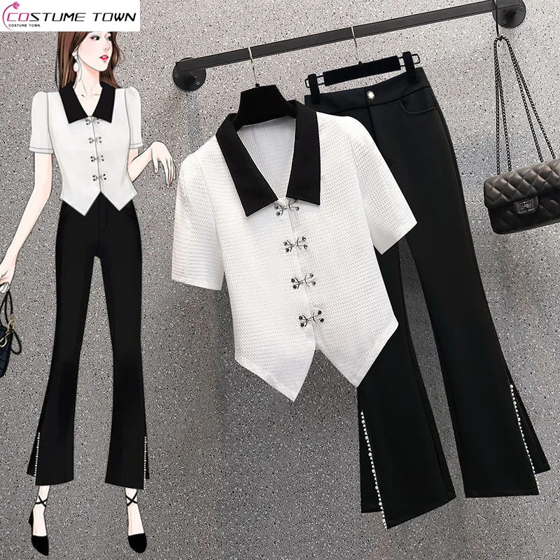 Small Fragrance Temperament Short Shirt Top 2023 Spring/Summer New High Waist Micro Rage Casual Pants Two Piece Set