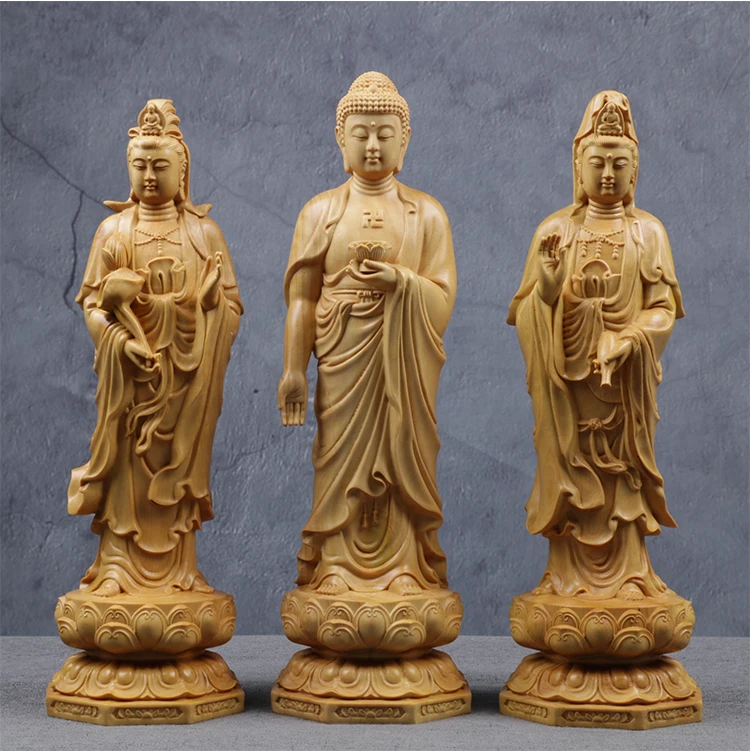 XS360- 20CM Tall Three Western Buddhas Gavin Vedas Boxwood Sculpture Guanyin Bodhisattva Buddh Statue Lucky Feng Shui Home Decor