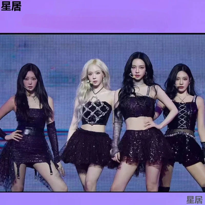 Neue Frauen Gruppe Kpop Bühne Outfits Sexy Schwarz Shiny Sling Tops Flauschigen Rock Nachtclub Dj Rave Kleidung Sänger Bühne Jazz Kleidung