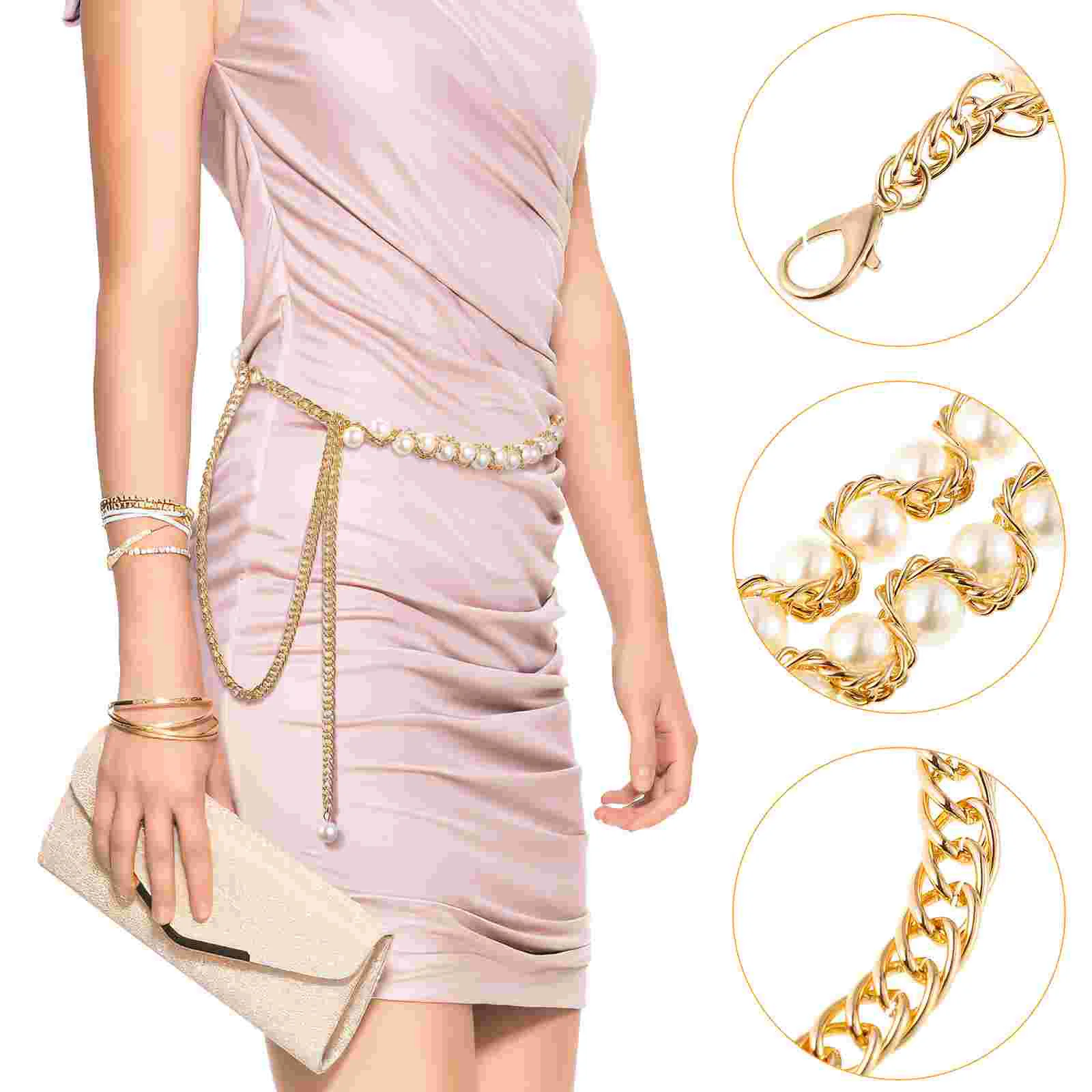 Women Dress Belt Accessories Pearls Waist Chains Jewelry for Belts