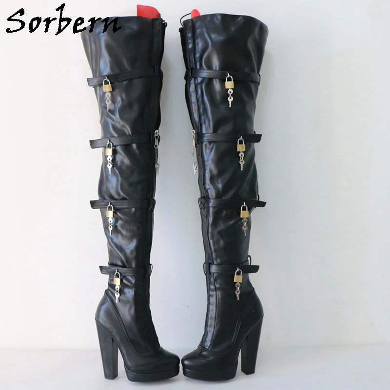 Sorbern Black Long Boots Women With Locks Red Tongue Block High Heels Lockable Zippers Platform Round Toe Shoes Custom Wide Legs