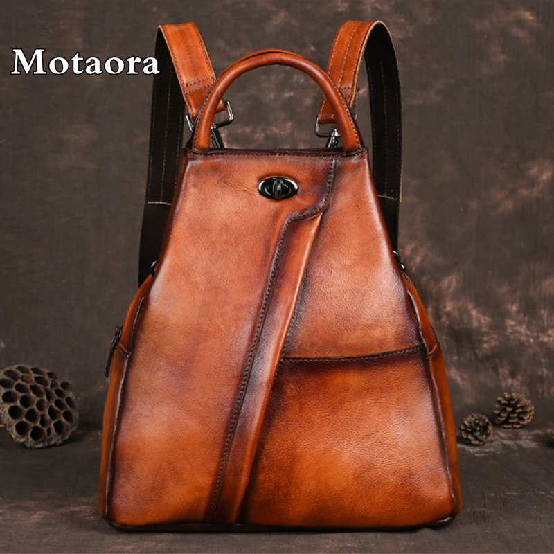 MOTAORA-mochila Vintage de piel de vaca para mujer, bolso de viaje de cuero genuino, informal, de gran capacidad, sólido, de hombro