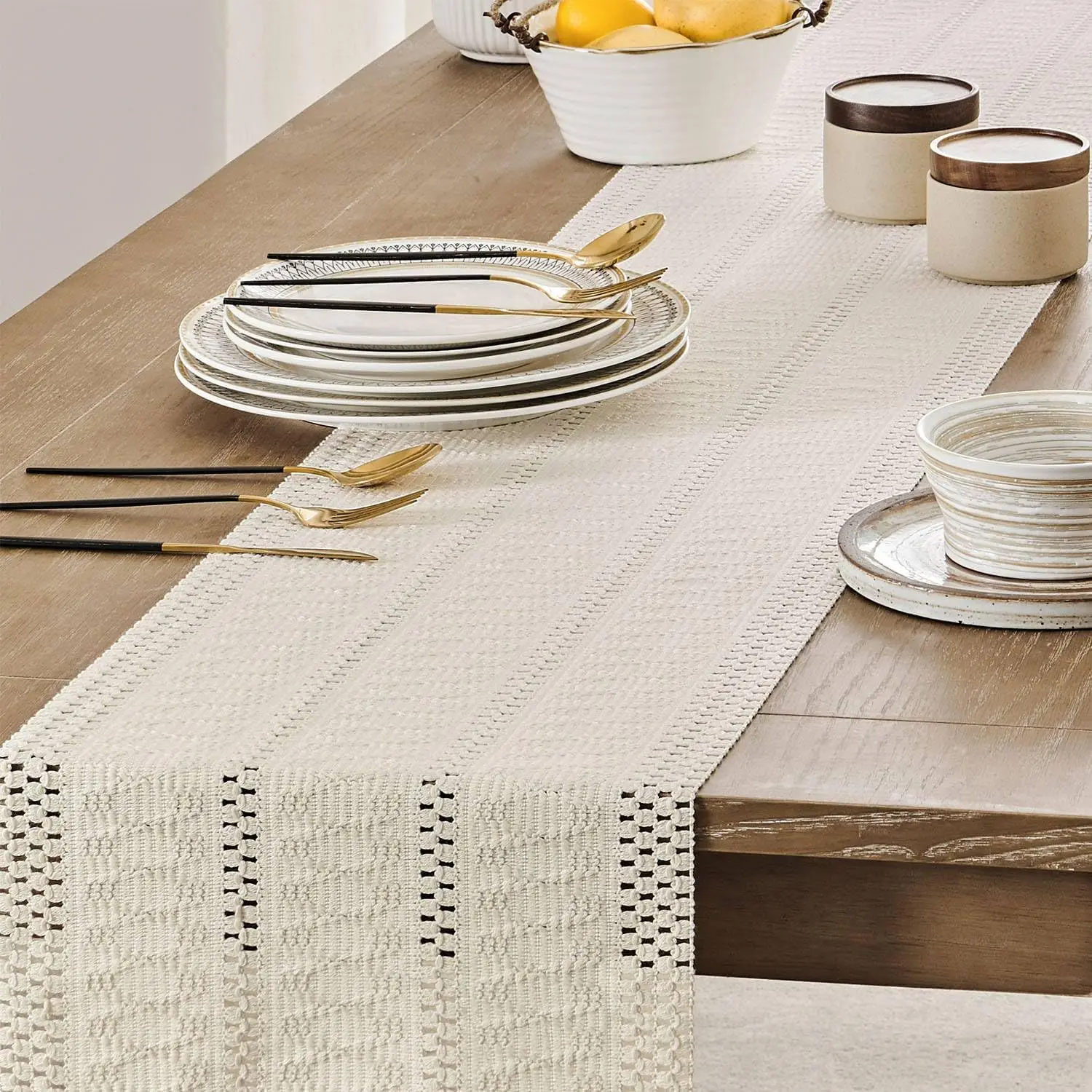 Camino de mesa bohemio Beige con borlas, camino de mesa tejido a mano, camino de mesa rústico de granja para cocina, mesa de comedor, decoración del