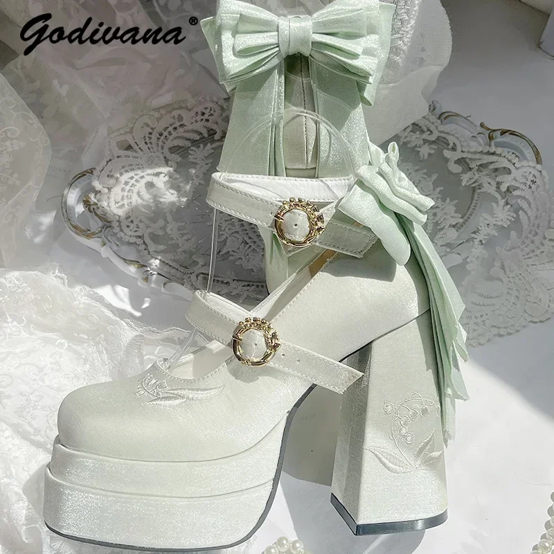 

New Spring Ladies Elegant Satin Bow Mary Jane Shoes Sweet Women's Lolita Platform Chunky Heell Pumps Birthday Party High Heels