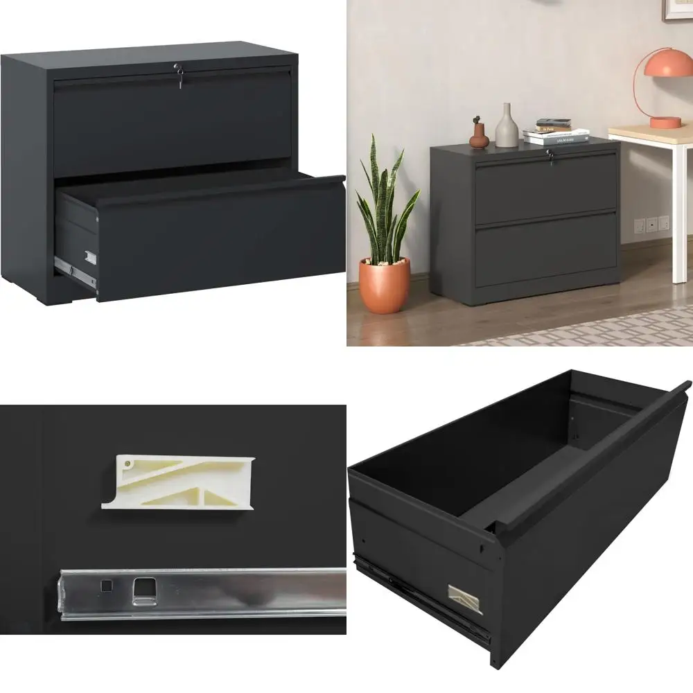 خزانة ملفات معدنية قابلة للقفل بدرجين لملفات القانونية والحروف، تصميم حديث، أسود، تخزين آمن للمستندات