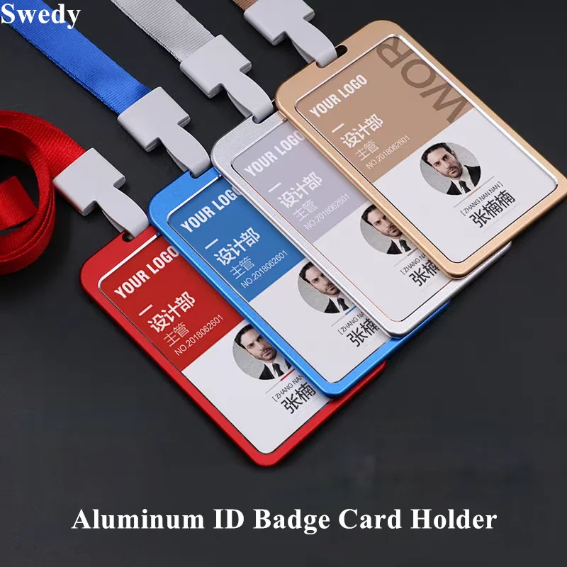Aluminum Vertical Durable Metal Name Card ID Badge Holder Protector With Lanyard School Office ID Card Cover Holder Tags