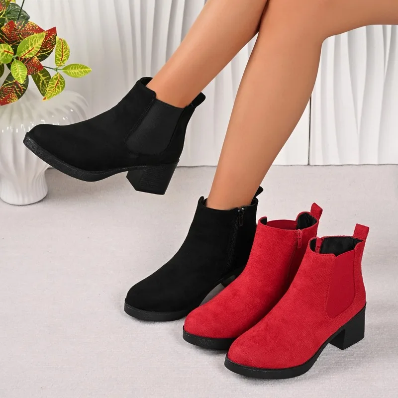 

Женские ботильоны на блочном каблуке, осенние новые замшевые ботинки с круглым носком и боковой молнией на платформе, противоскользящие износостойкие одинарные ботинки