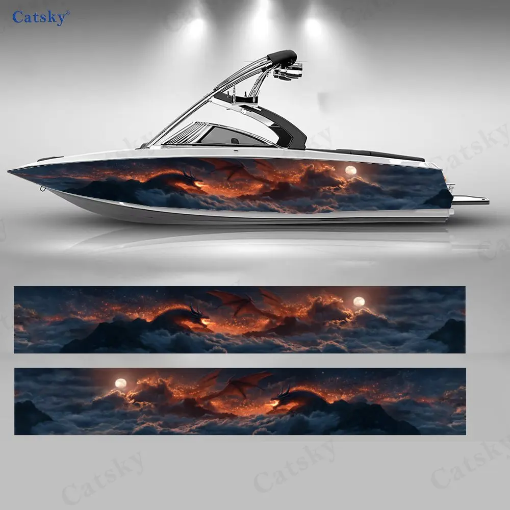 Flame Dragon Burning Mountain Boat Stickers, PVC Waterproof Vinyl Wrap Decals for Fishing Boats, Durable and Stylish Design
