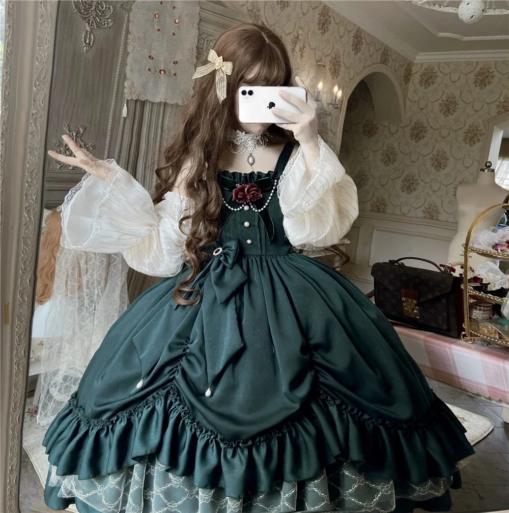 Vestido largo de estilo Retro de palacio Lolita para niña, traje Victoriano de cintura alta con lazo de encaje, Estilo Vintage, Kawaii, Cosplay Cos