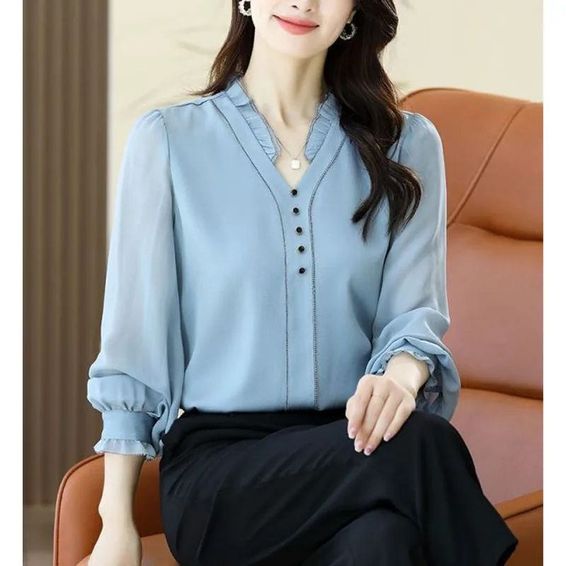 Korean Commuter 2024 Autumn New Women\'s V-Neck Spliced Button Elegant Fashion Loose Flattering Unique Long Sleeve Shirt Blouse