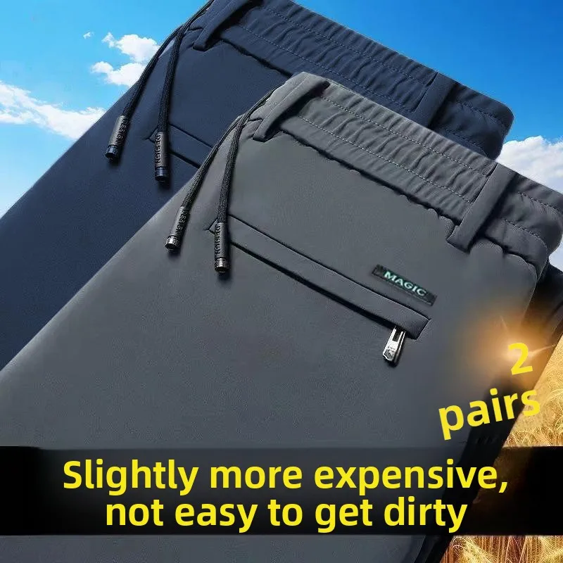 

Мужские повседневные брюки из ледяного шелка, эластичный пояс со средней талией, летние дышащие брюки свободного покроя, прямые брюки