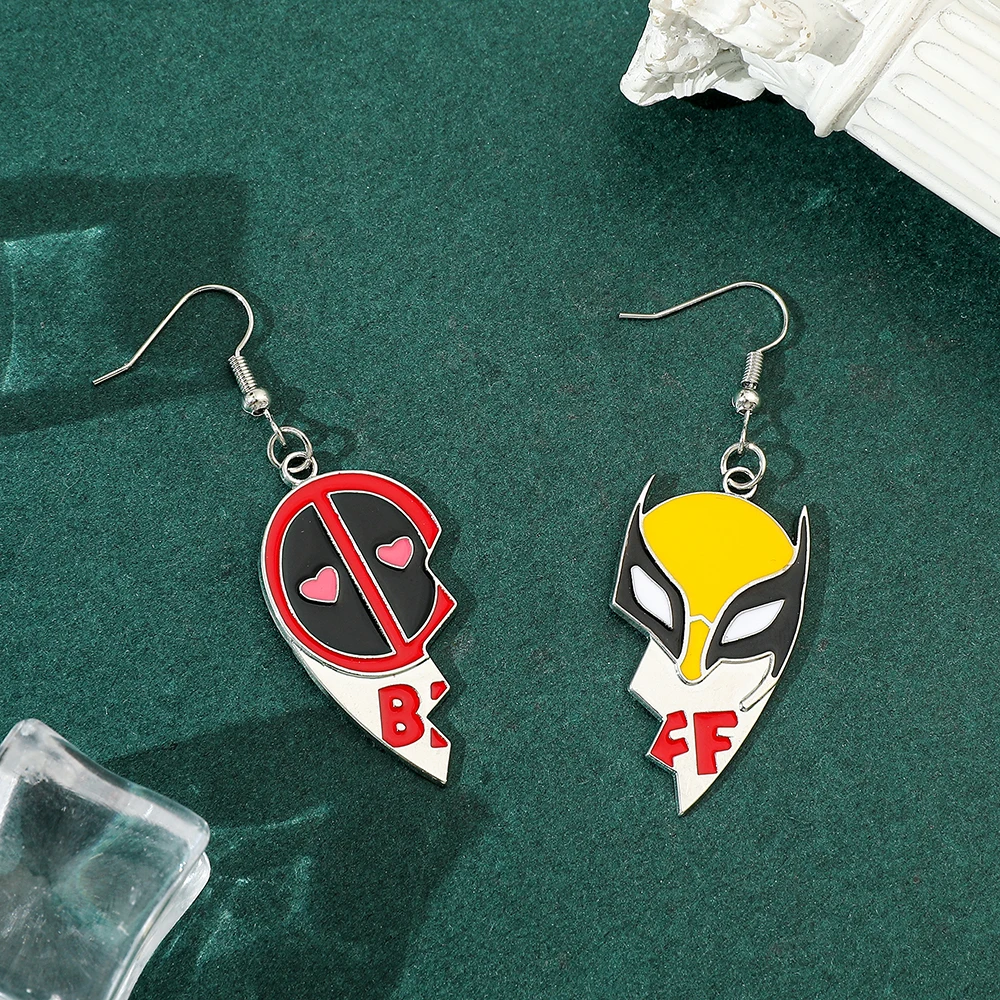 Deadpool And Wolverine BFF Heart-Shaped Splicing Superhero Earrings Fashion Jewelry Accessories Gift for Movie Fans