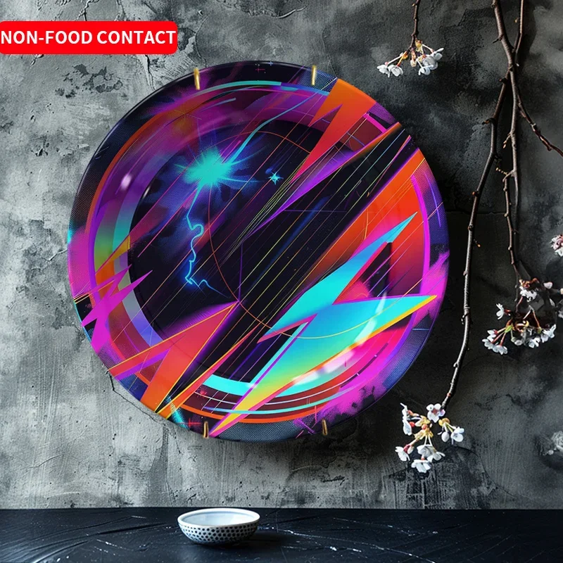 1pc Vibrant Neon Ceramic Decorative Plate - Abstract Lightning Bolt Design, Circular Non-Food Contact Art Decor for Home,