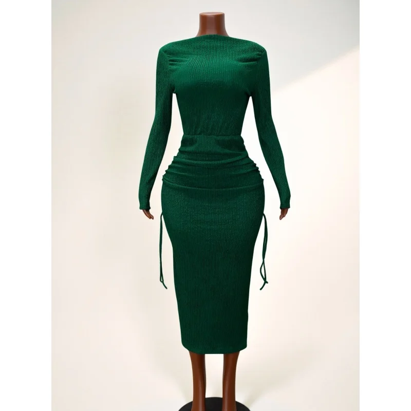 Damen-Midikleid mit schulterfreiem Schnitt, langen Ärmeln, figurbetontem Schnitt, strukturierter Strickoptik, geraffter Taille, seitlichem Kordelzug, schmaler Passform, für Partys und Abendveranstaltungen, Dropshipping – Detail 5