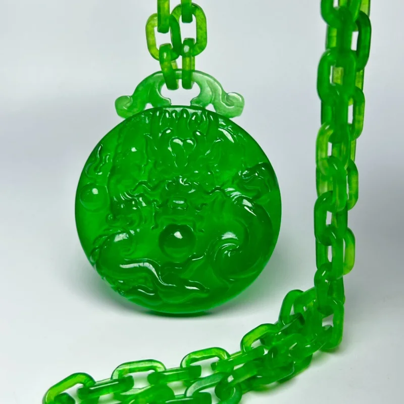 

Certified Nature Ice Myanmar Green Jade Jadeite dragon Pendant&Necklaces Double-Sided Carving Integrated Chain