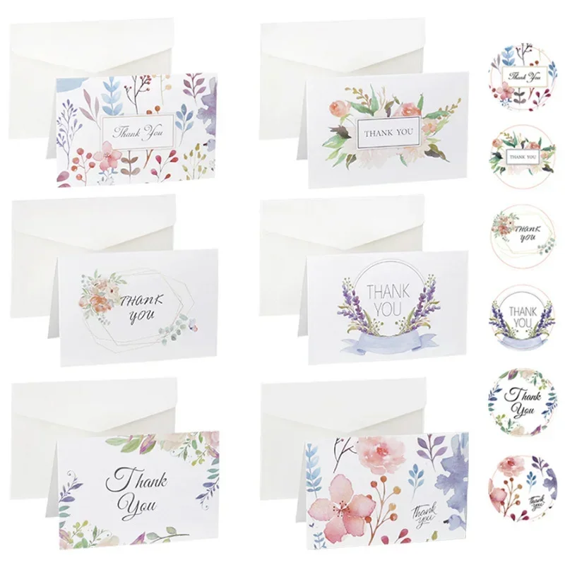 6Pcs/Set Flower Thank you Card Blank Folding Gift Card With Envelopes Stickers Wedding Party Invitation Cards Blessing Card