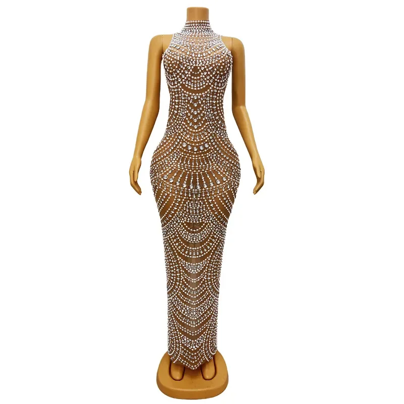 

Apricot Sleeveless Long Dress Pearl Diamond Inlaid Round Neck, Back Split, Luxury Elegant Style Party High-End Performance Dress