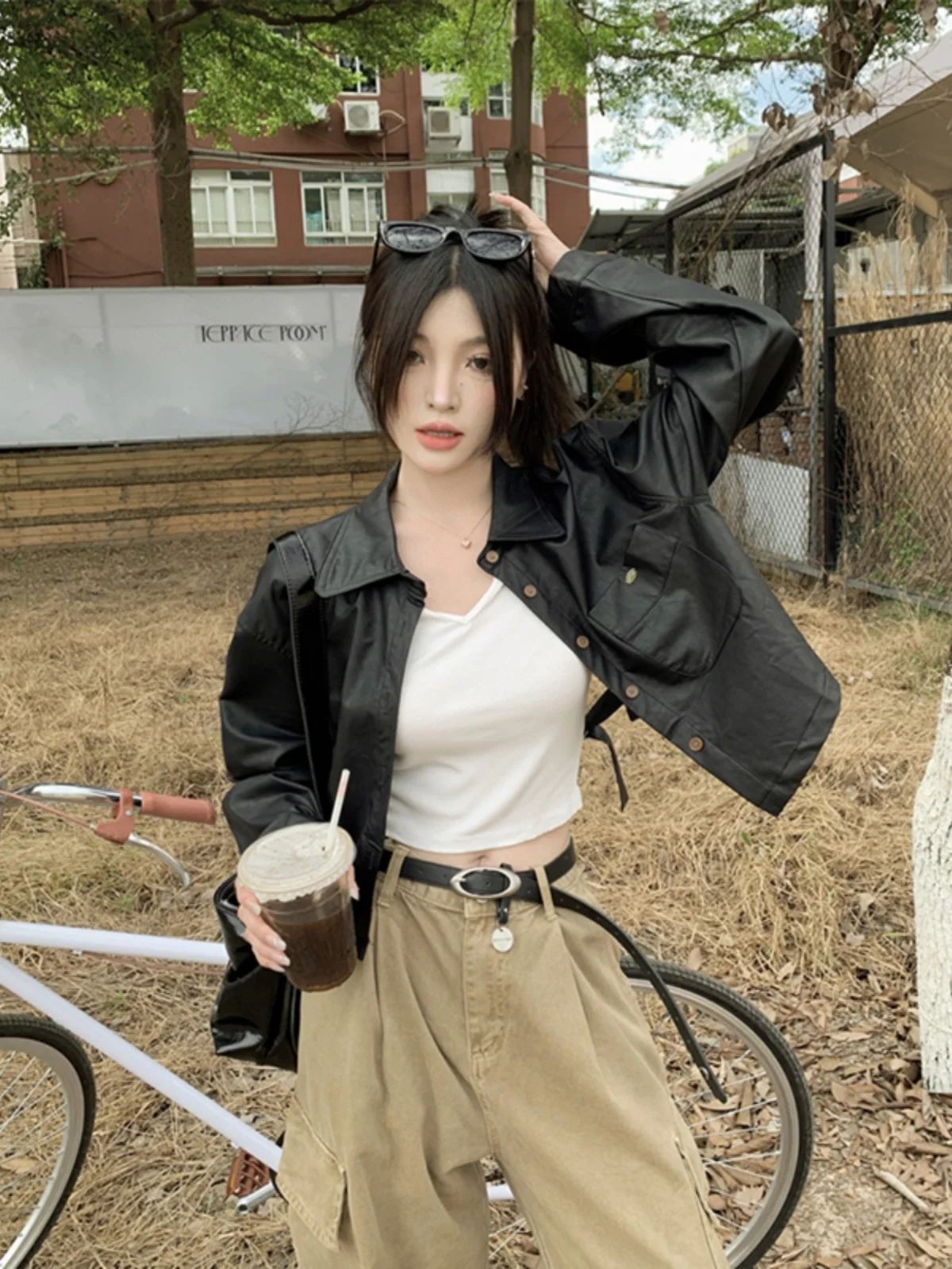 

Байкерские куртки Женская куртка двубортная смешанная укороченная куртка-бомбер с узором «гусиные лапки» в стиле стимпанк Художественная клубная одежда Удобная для кожи на открытом воздухе