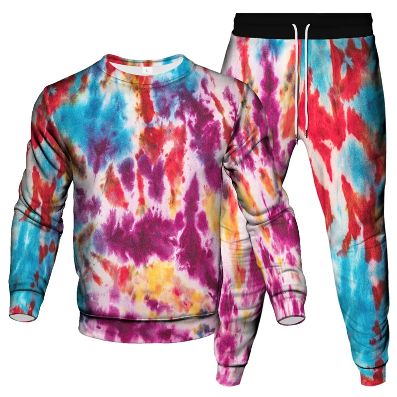 Colorful Vortex Tie Dye 3D Print Men Sportswear Set Long-Sleeved T Shirt Pants 2-Piece Set Oversized Pullover Men Clothing