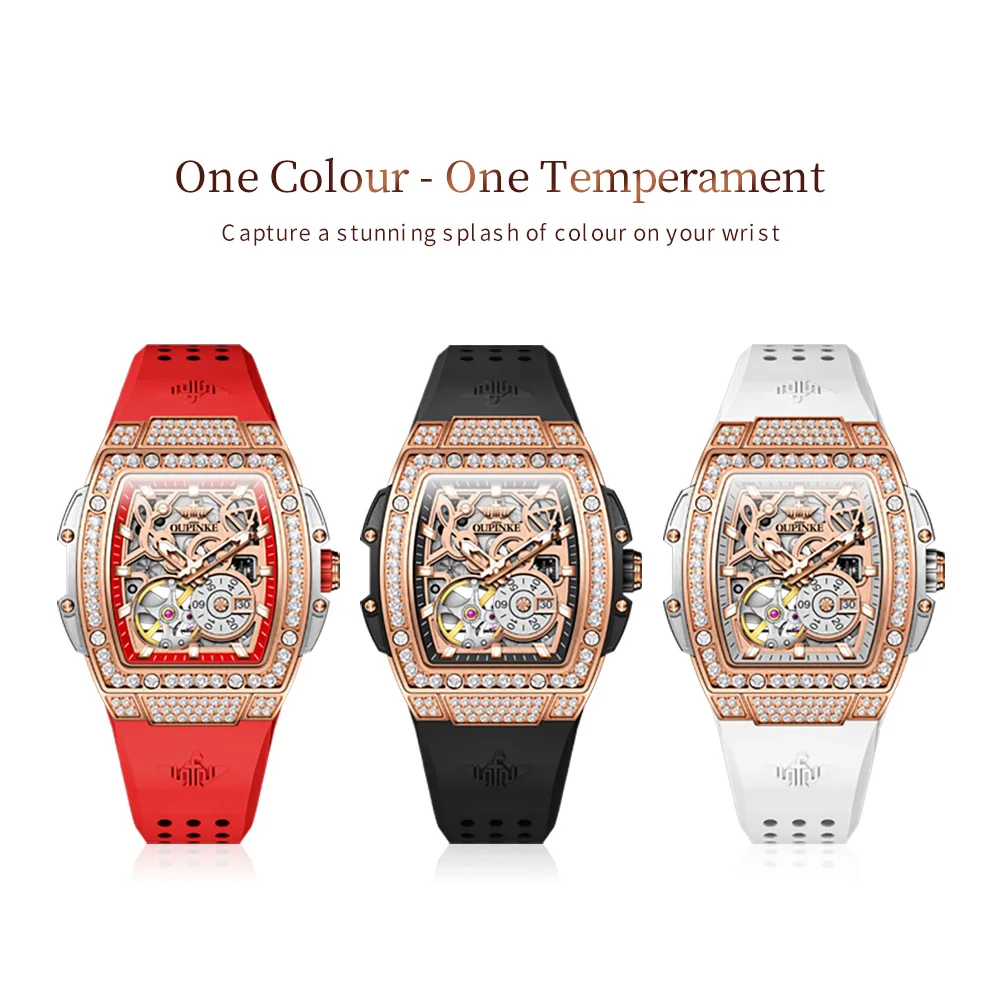 OUPINKE Women\'s Watches Luxury Fashion Tonneau Dial Wristwatch Original Skeleton Automatic Mechanical Movement Sapphire Mirror
