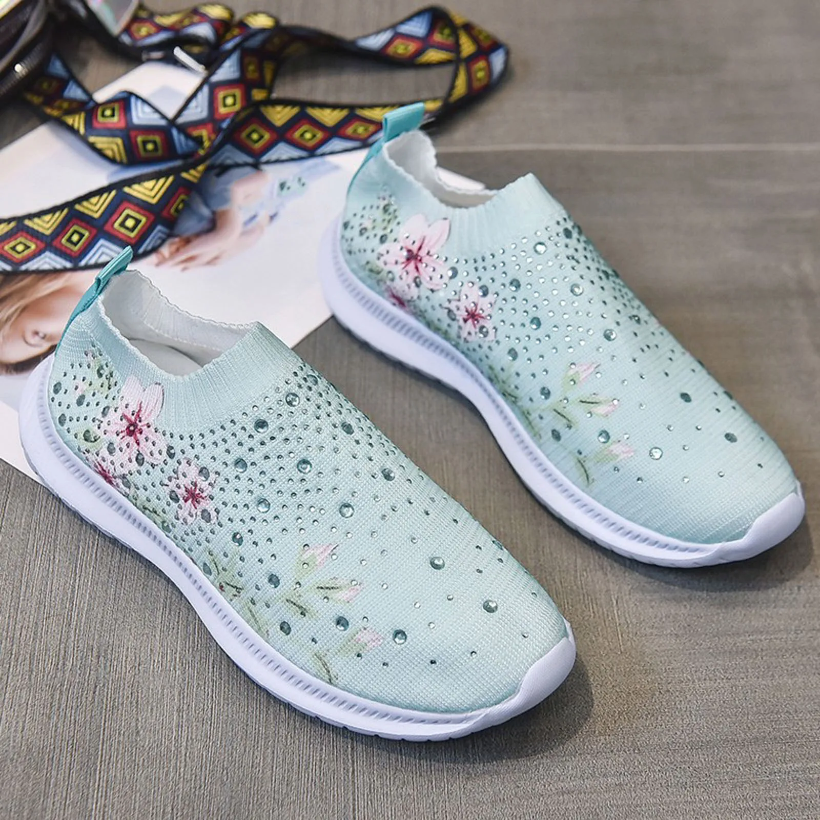 Women Shoes Ladies Rhinestone Flower Print Mesh Sports Socks Shoes Breathable  Mesh Outdoor Gym Running Shoes Tennis Sneakers