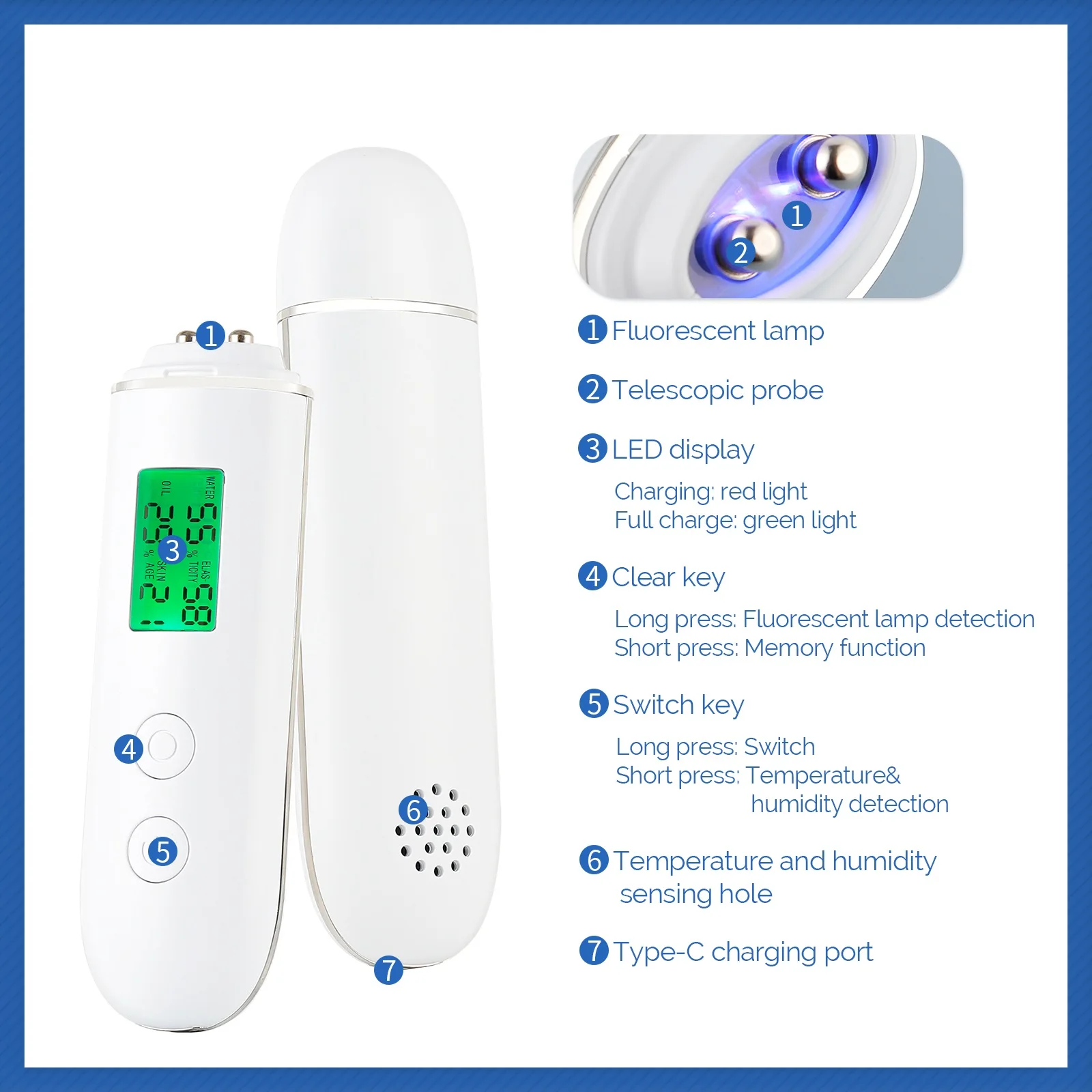 Skin Analyzer Smart Water Oil Tester LCD Display Facial Skin Moisture Meter Fluorescent Agents Detector